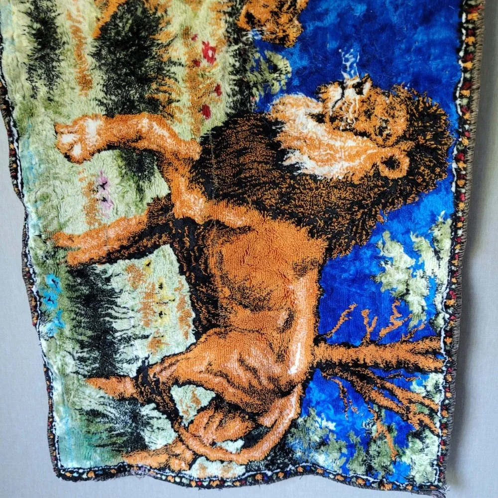 Vintage 1970s Woven Lion Tapestry Wall Hanging Retro Kitsch Boho Man Cave Decor